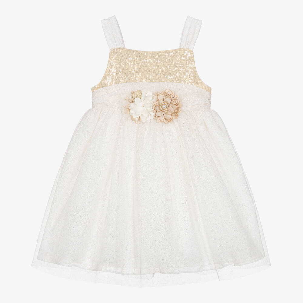 Patachou - Girls Ivory & Gold Sequin Tulle Dress | Childrensalon