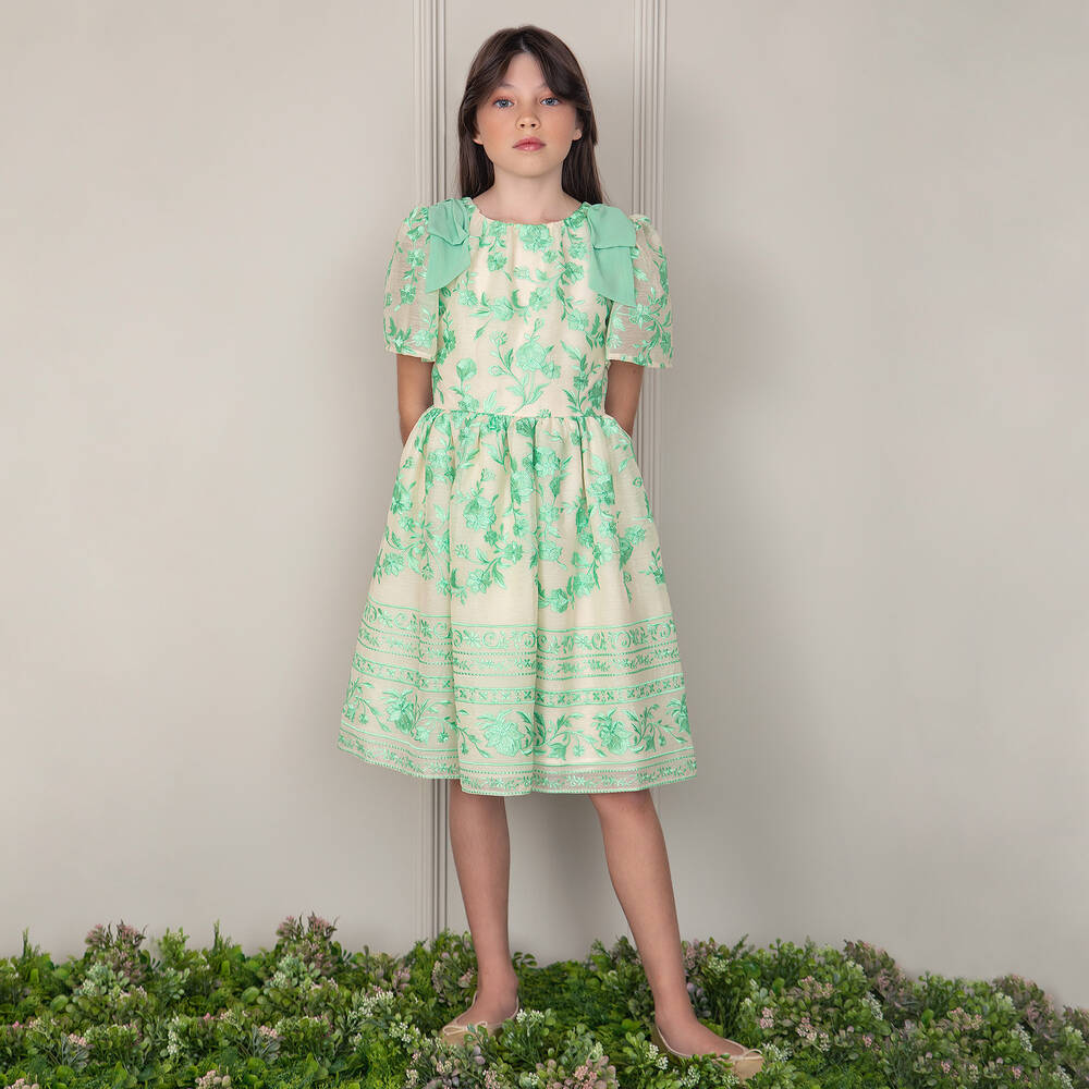 Patachou-Кремовое платье с зелеными цветами для девочек | Childrensalon