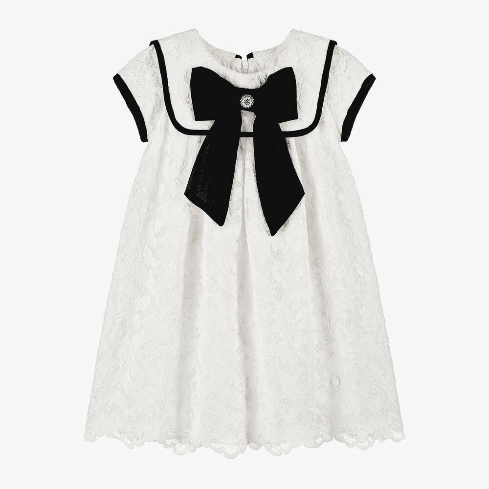 Patachou - Girls Ivory Lace & Black Bow Dress | Childrensalon
