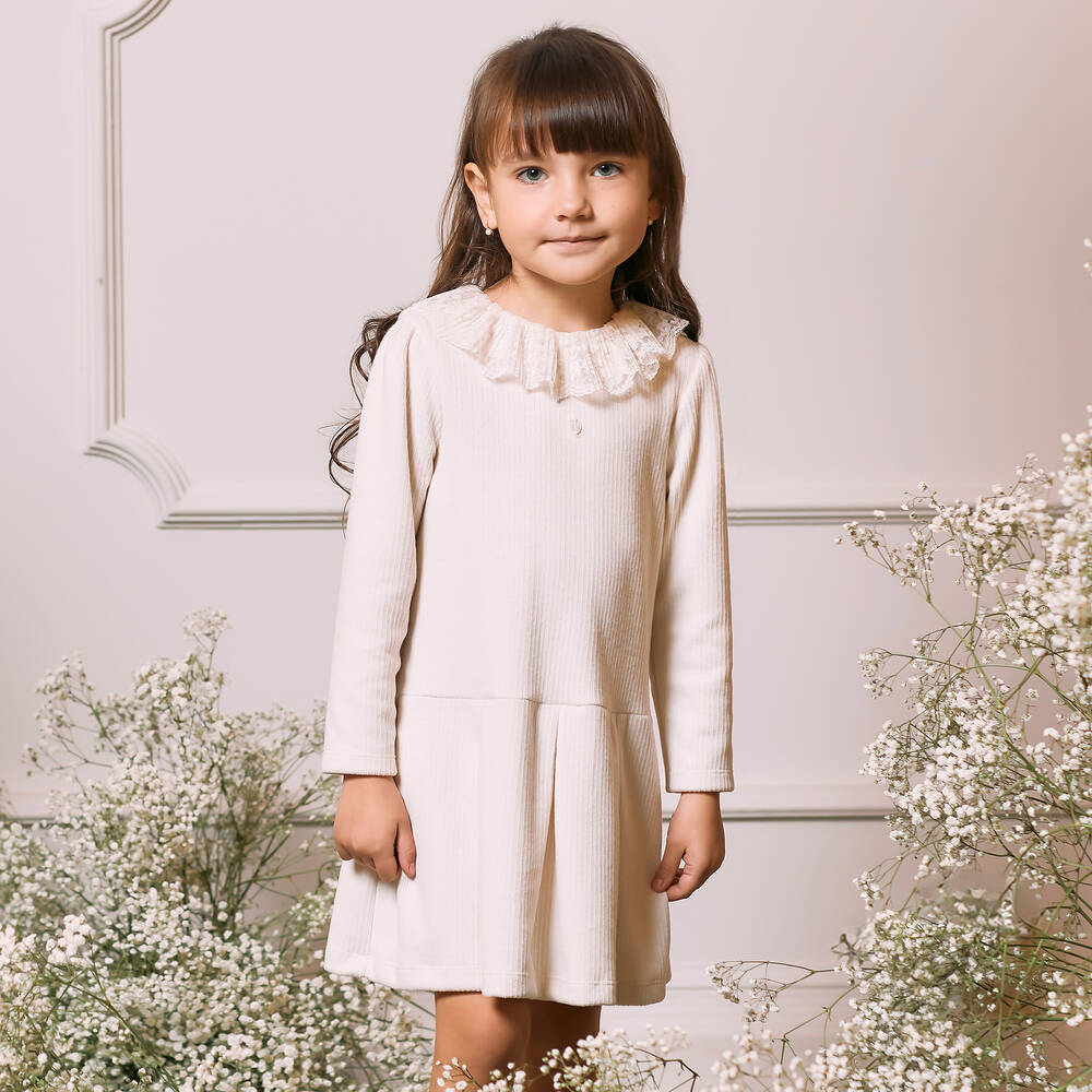 Patachou-Girls Ivory Ribbed Knit Dress | Childrensalon