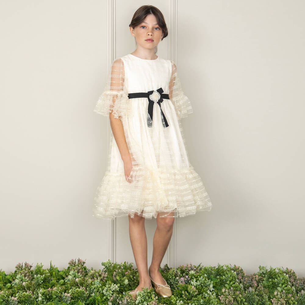 Patachou - Girls Ivory Tulle & Chiffon Dress | Childrensalon