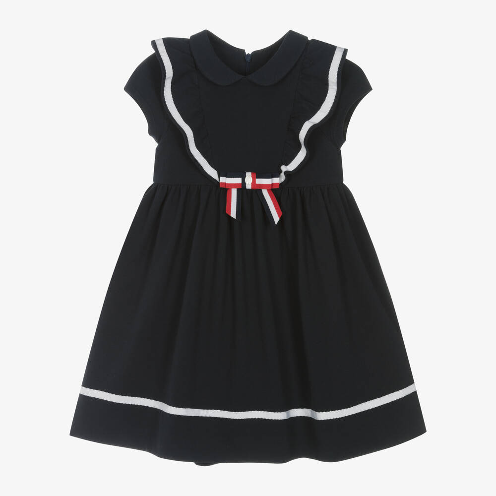 Patachou - Girls Navy Blue Cotton Ruffle & Bow Dress | Childrensalon