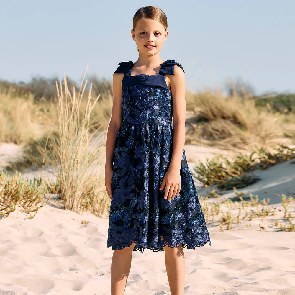 Patachou-Girls Navy Blue Embroidered Tulle Dress | Childrensalon