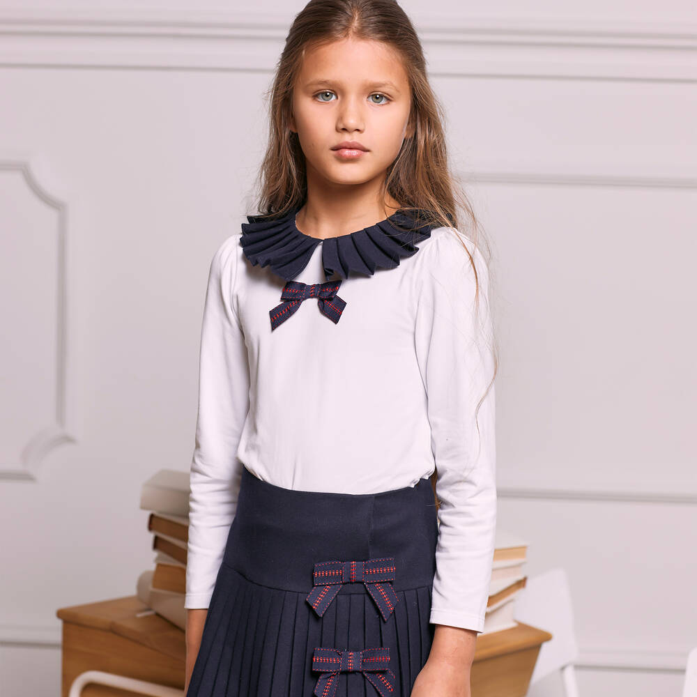 Patachou-Girls Navy Blue Pleated Flannel Skirt | Childrensalon