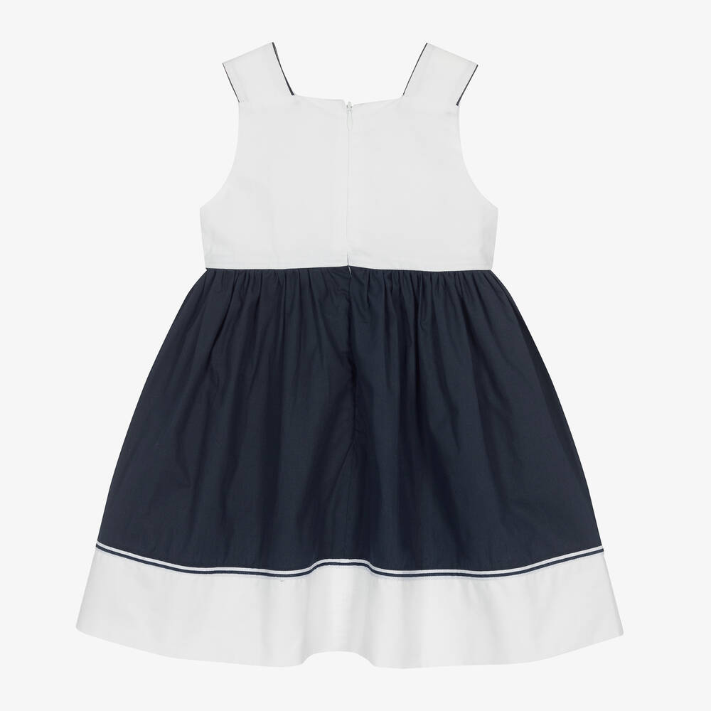 Patachou - Girls Navy Blue & White Cotton Dress | Childrensalon