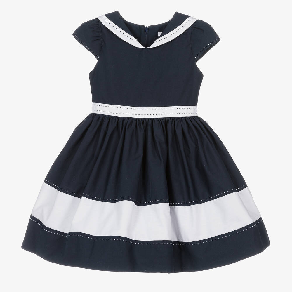 Patachou - Girls Navy Blue & White Cotton Dress | Childrensalon
