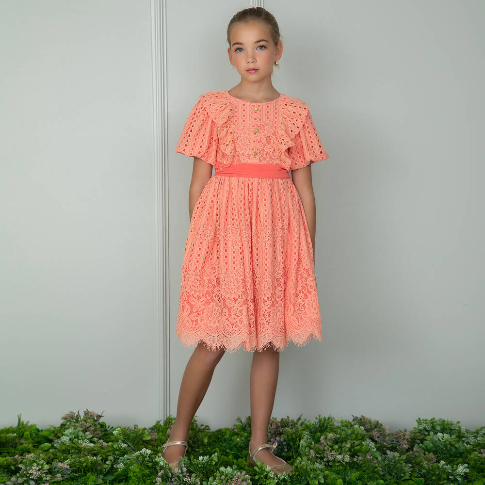 Patachou - Girls Orange Lace Dress | Childrensalon