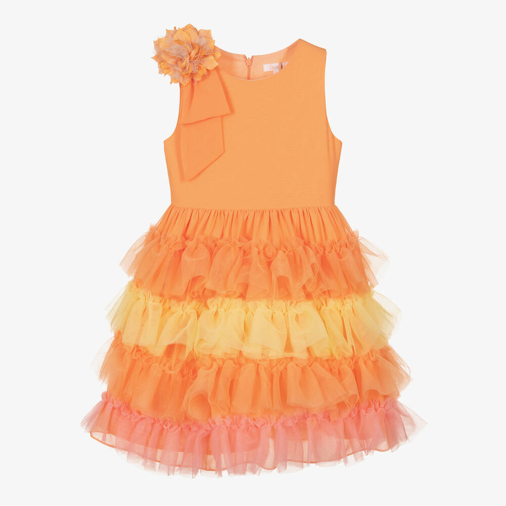 Patachou - Girls Orange Tiered Tulle & Chiffon Dress | Childrensalon