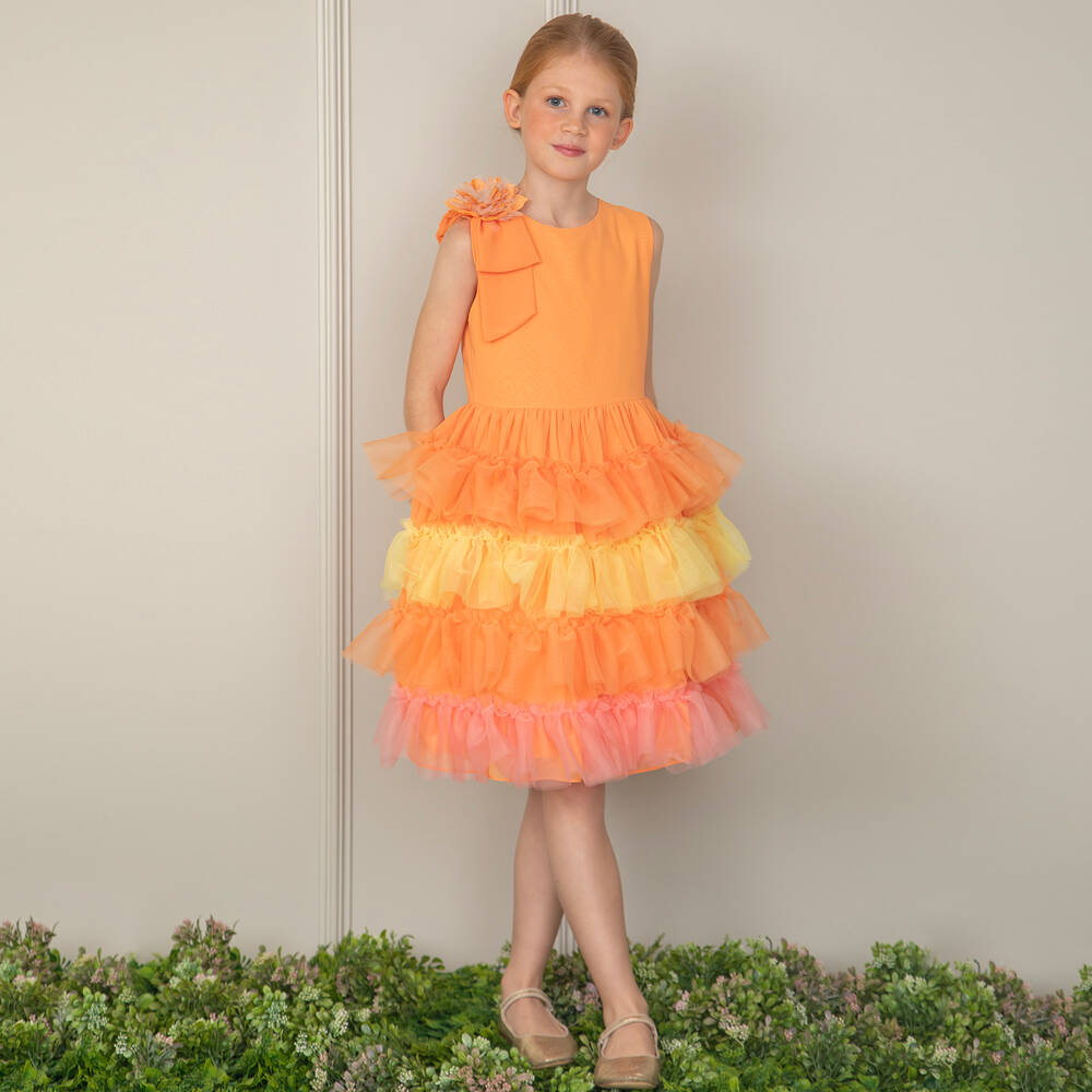 Patachou - Girls Orange Tiered Tulle & Chiffon Dress | Childrensalon