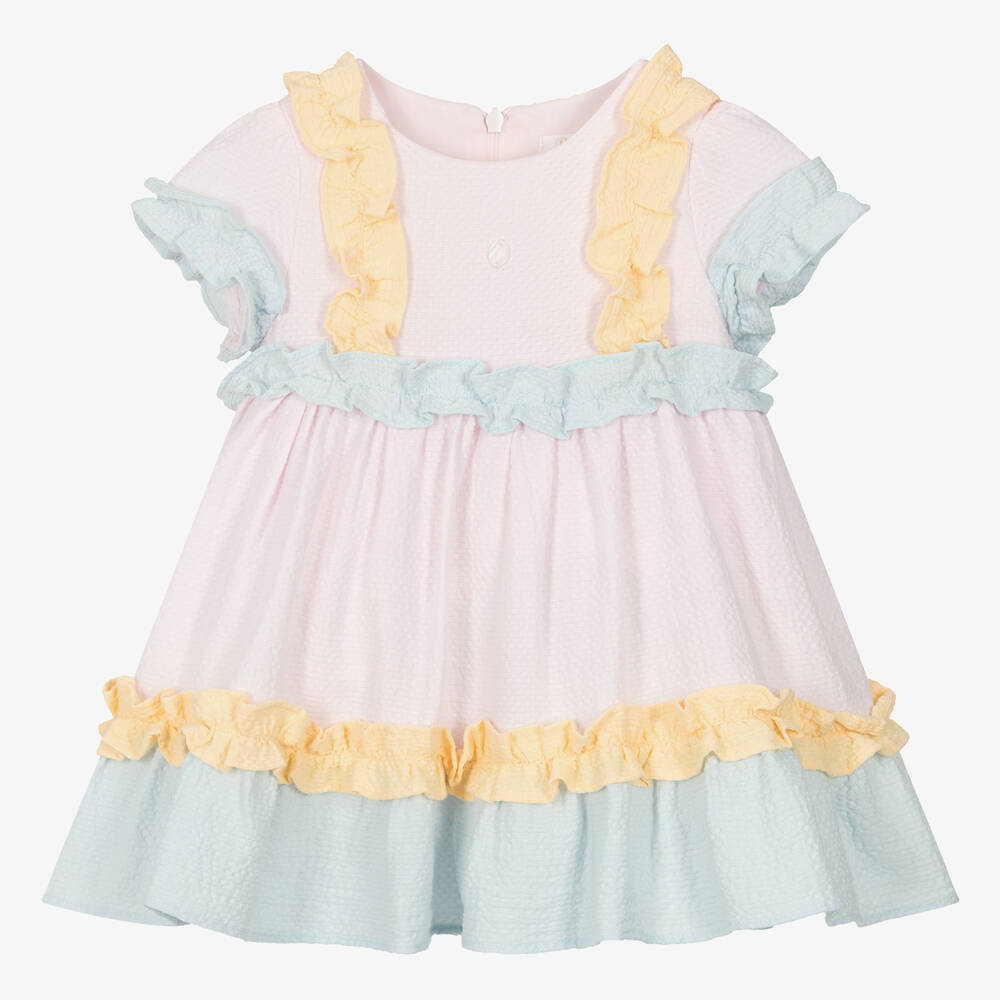 Patachou - Girls Pastel Pink & Blue Cotton Seersucker Dress | Childrensalon