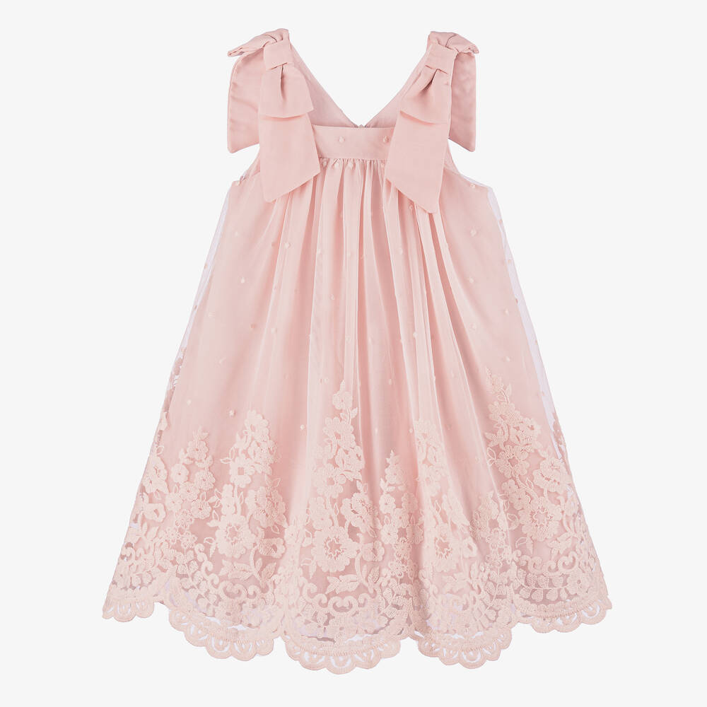 Patachou - Girls Pastel Pink Embroidered Tulle Dress | Childrensalon