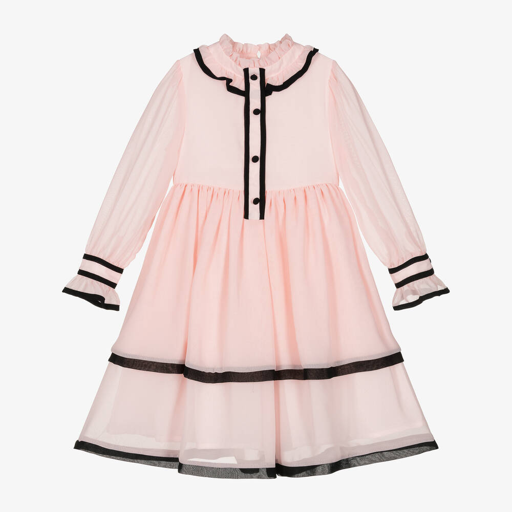 Patachou - Girls Pink & Black Chiffon Ruffle Dress | Childrensalon