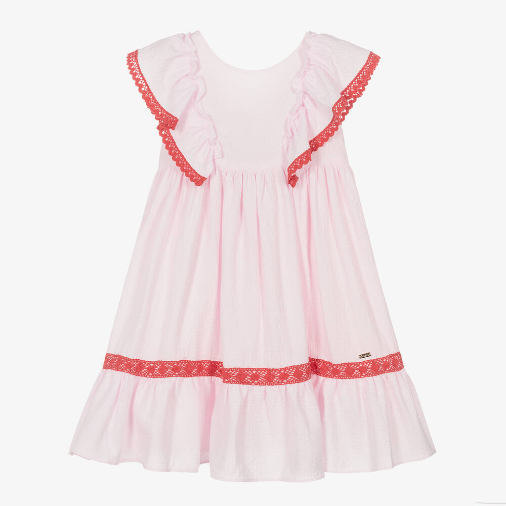 Patachou - Girls Pink Cotton Lace Trim Dress | Childrensalon