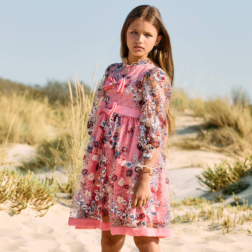 Patachou-Girls Pink Embroidered Tulle Dress | Childrensalon