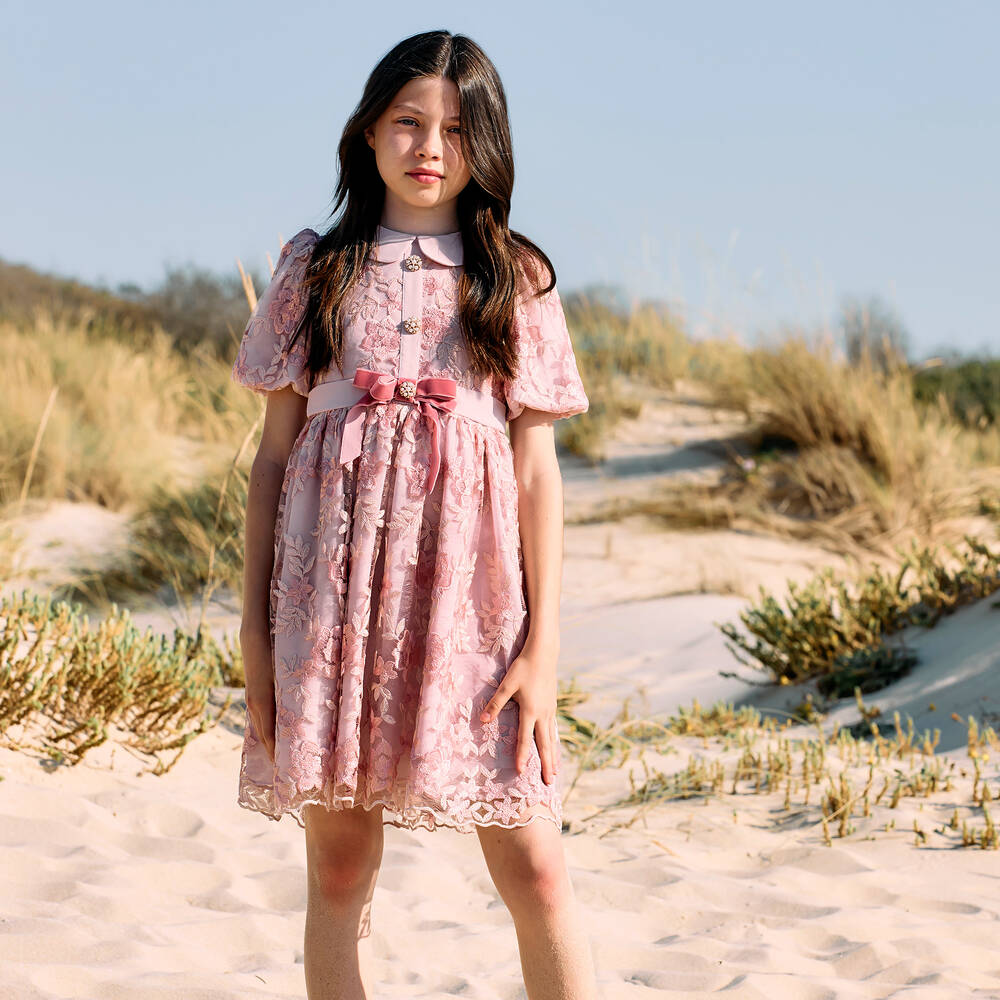 Patachou-Girls Pink Embroidered Tulle Dress | Childrensalon