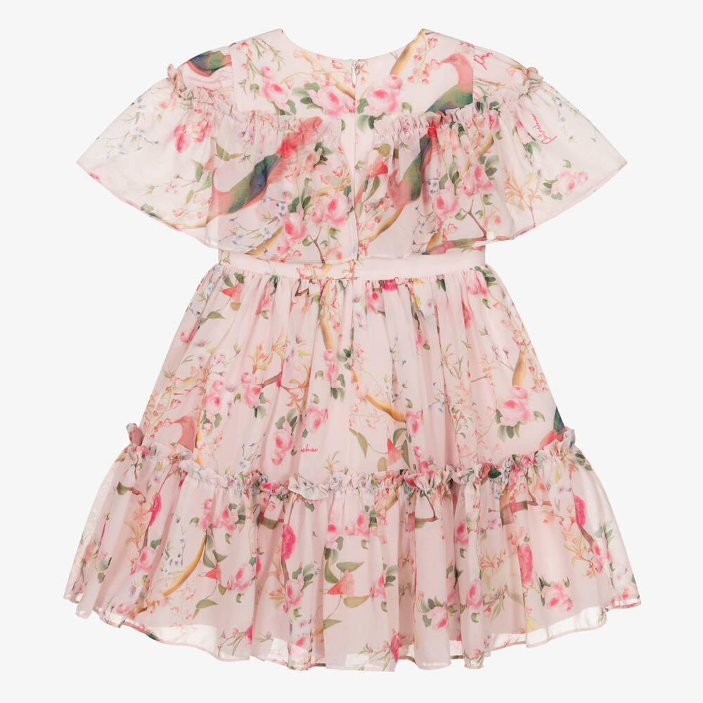 Patachou - Girls Pink Floral Birds Chiffon Dress | Childrensalon