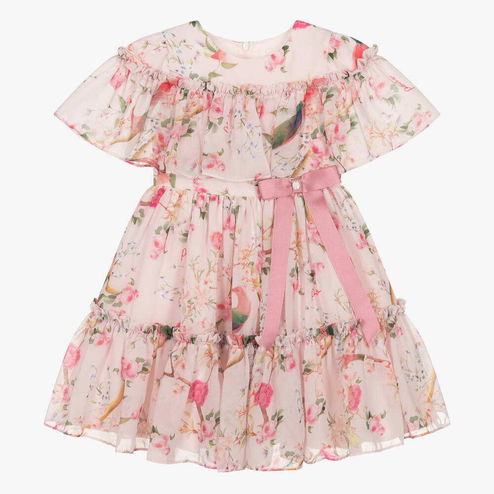 Patachou - Girls Pink Floral Birds Chiffon Dress | Childrensalon