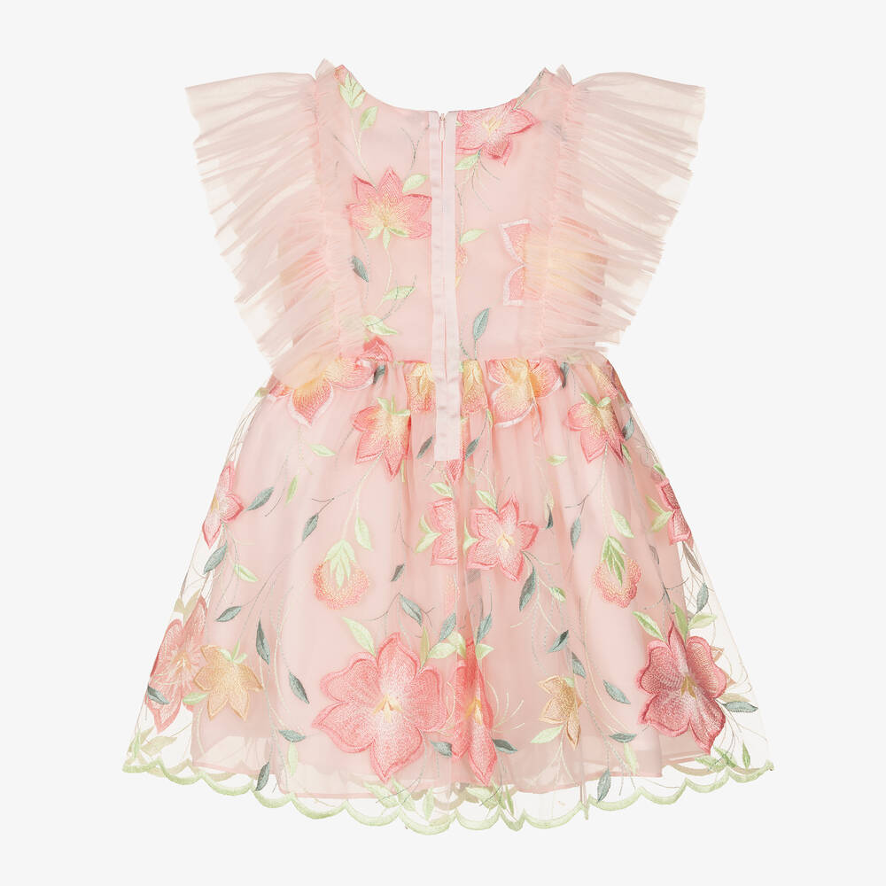 Patachou - Girls Pink Floral Embroidered Tulle Dress | Childrensalon