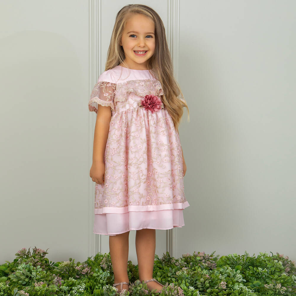 Patachou - Girls Pink Floral Embroidered Tulle Dress | Childrensalon