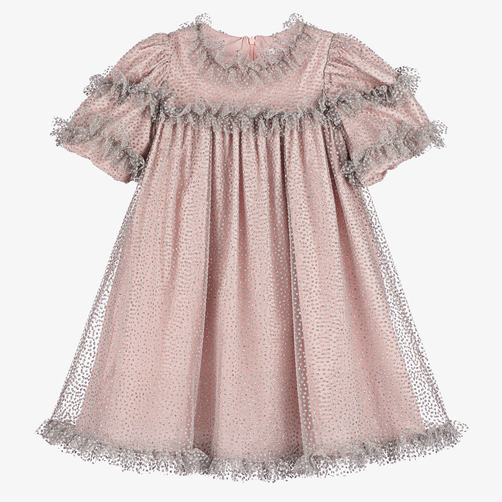 Patachou - Girls Pink & Glittery Silver Tulle Dress | Childrensalon