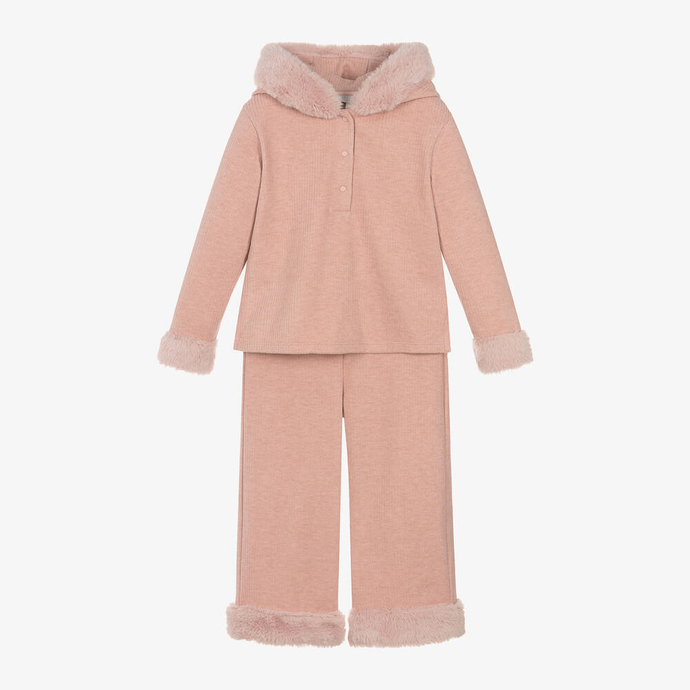 Patachou - Girls Pink Ribbed Knit & Faux Fur Tracksuit | Childrensalon