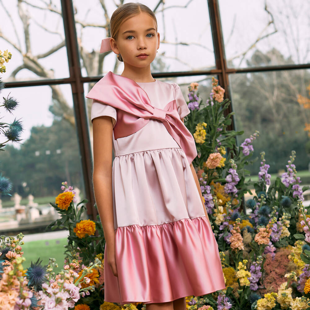 Patachou-Girls Pink Satin Bow Dress | Childrensalon