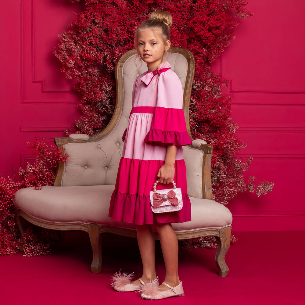 Patachou - Girls Pink Tiered Crêpe Dress | Childrensalon