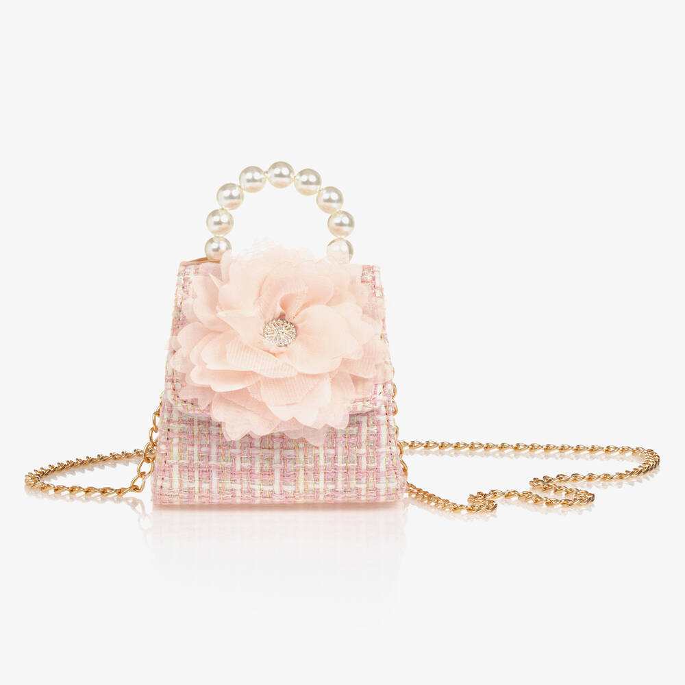 Patachou - Girls Pink Tweed Flower Handbag (18cm) | Childrensalon