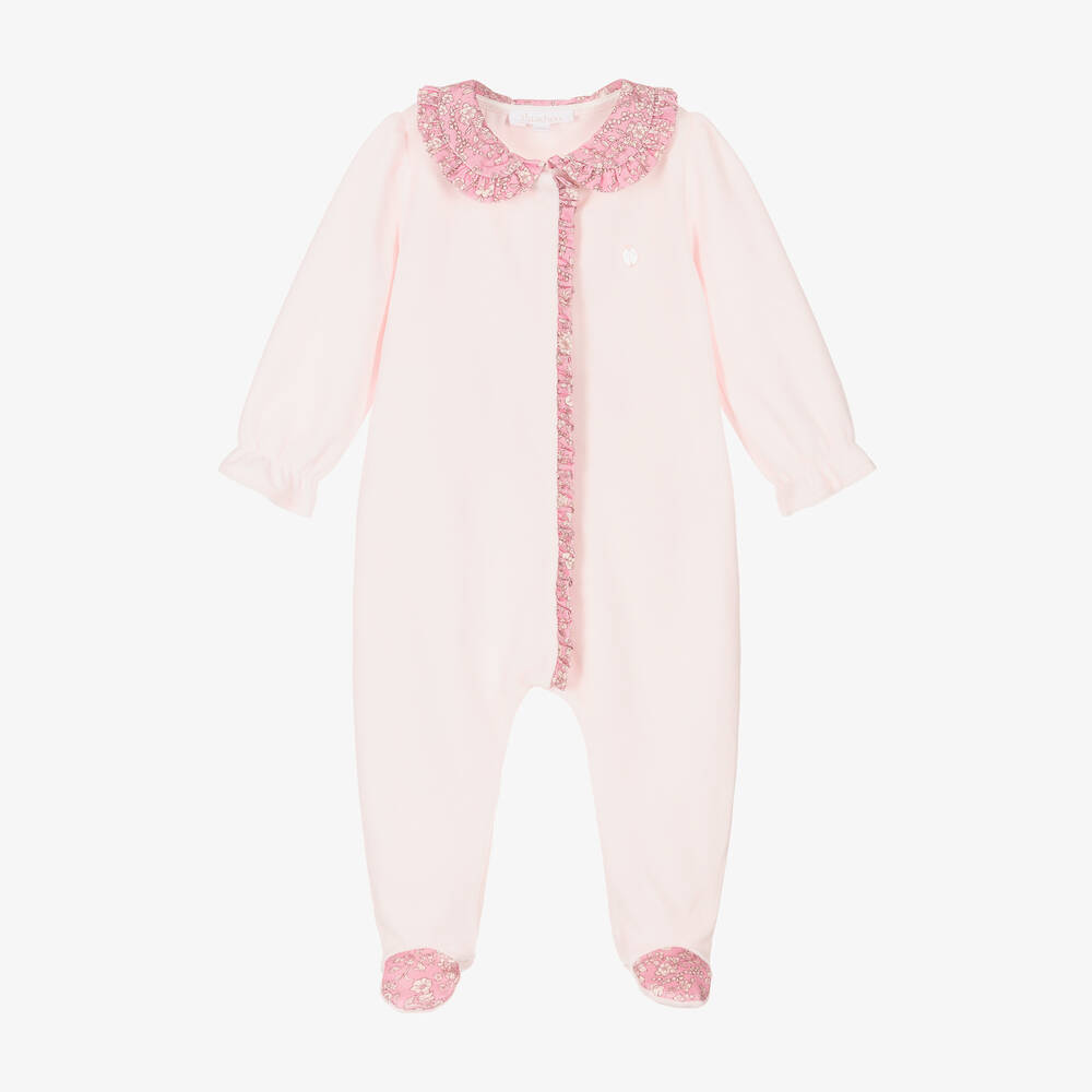 Patachou - Girls Pink Velour Liberty Floral Babygrow | Childrensalon