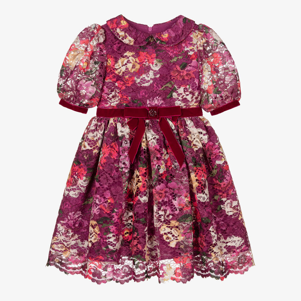 Patachou - Girls Purple & Pink Floral Lace Dress | Childrensalon