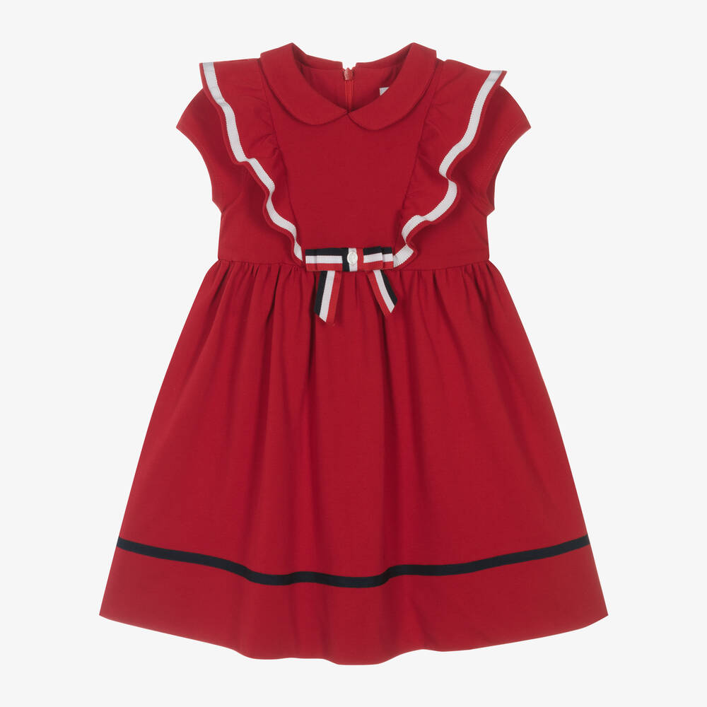 Patachou - Girls Red Cotton Ruffle & Bow Dress | Childrensalon