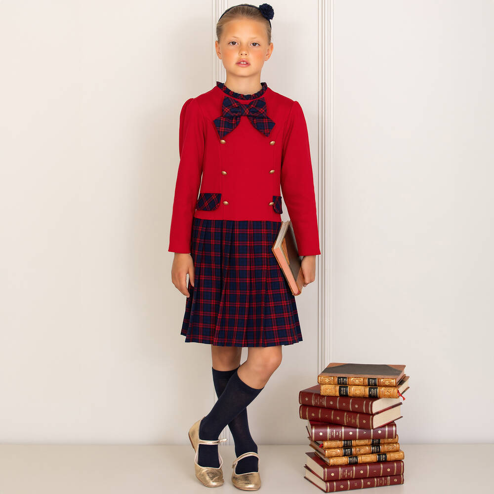 Patachou - Girls Red Cotton Tartan Dress | Childrensalon