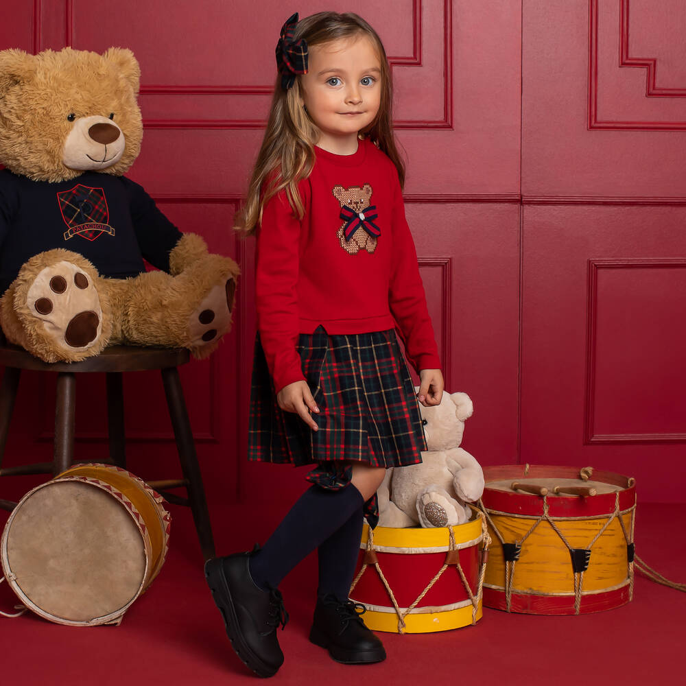 Patachou - Girls Red Embroidered Teddy & Tartan Dress | Childrensalon