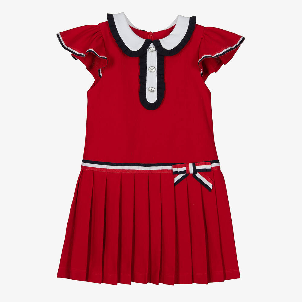 Patachou - فستان بكسرات قطن بيكيه لون أحمر | Childrensalon