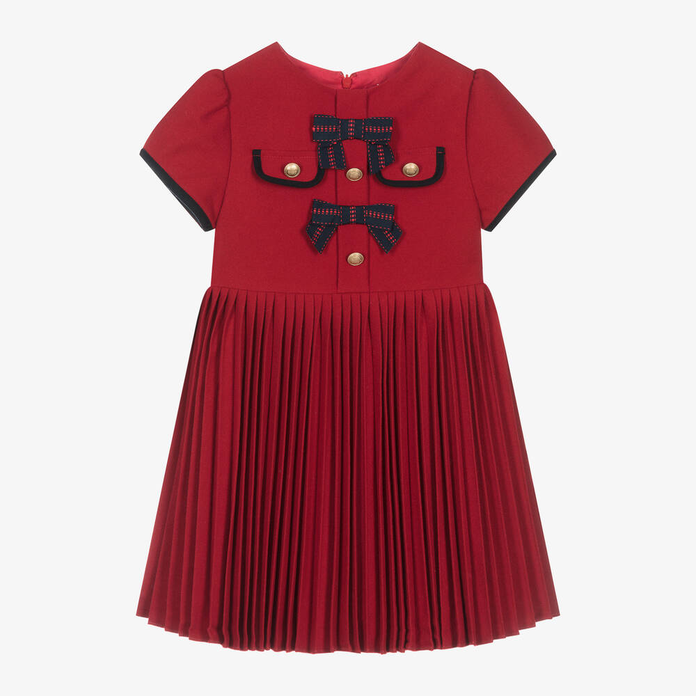 Patachou - Girls Red Pleated Twill Dress  | Childrensalon