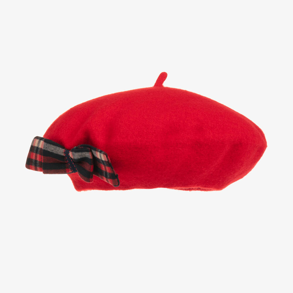 Patachou - Girls Red Wool Tartan Bow Beret | Childrensalon