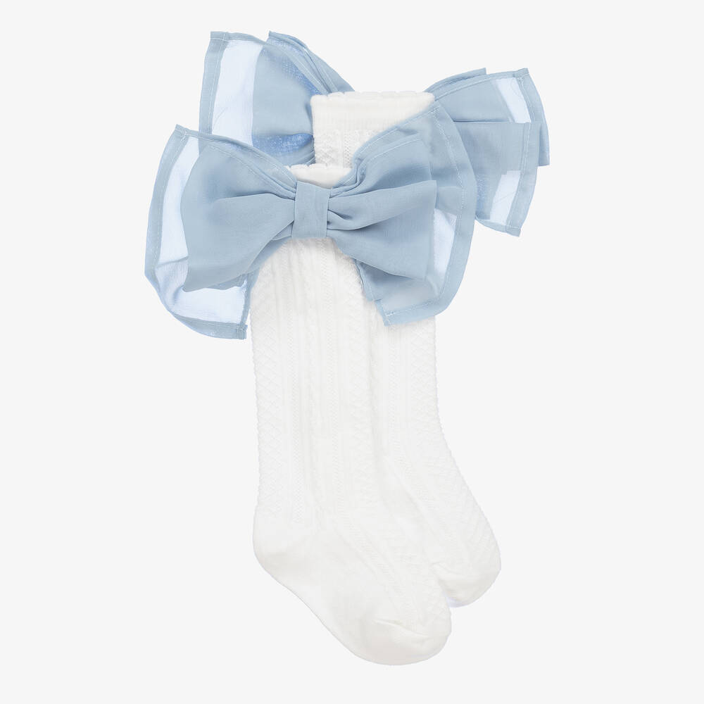 Patachou - Girls White & Blue Bow Socks | Childrensalon