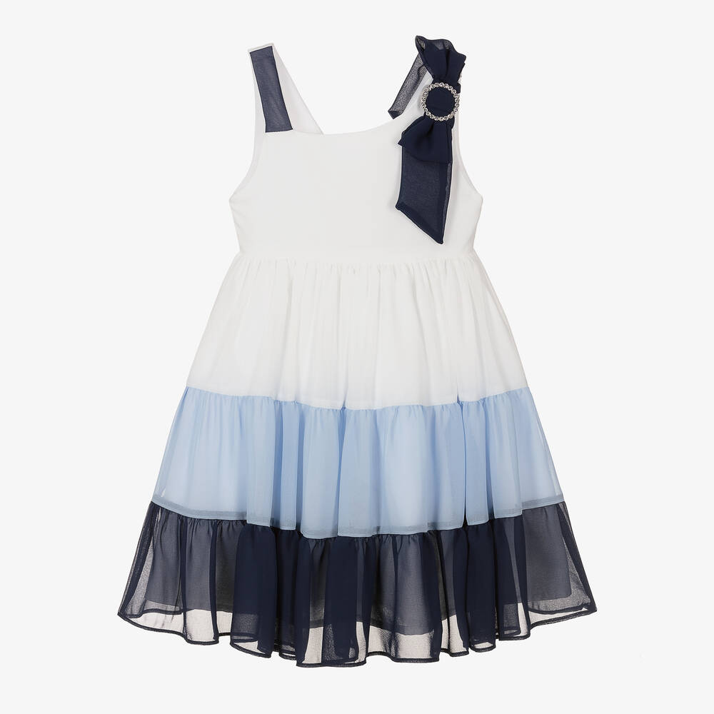 Patachou - Girls White & Blue Chiffon Dress | Childrensalon