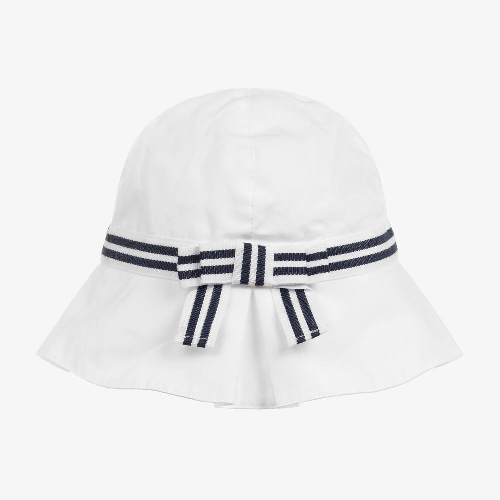 Patachou - Girls White & Blue Cotton Bow Sun Hat | Childrensalon
