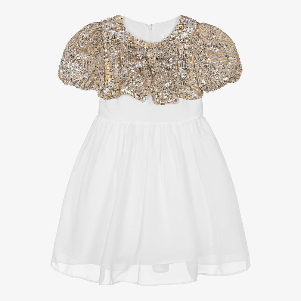 Patachou - Girls White Chiffon & Silver Sequin Dress | Childrensalon