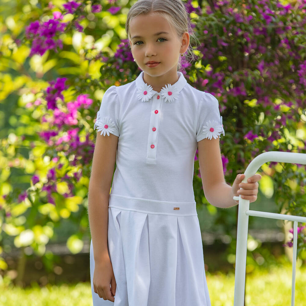 - White Cotton Flowers Polo Dress Childrensalon