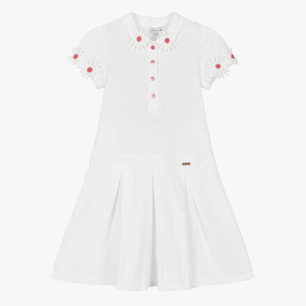 Patachou - Girls White Cotton Flowers Polo Dress | Childrensalon
