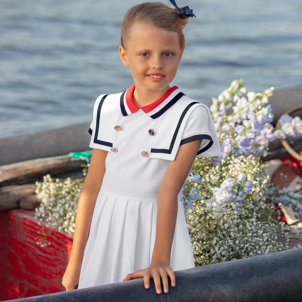 Patachou - Girls White Cotton Nautical Dress Childrensalon