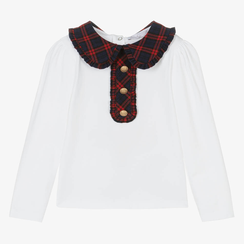 Patachou - Girls White Cotton Tartan Collar Top | Childrensalon