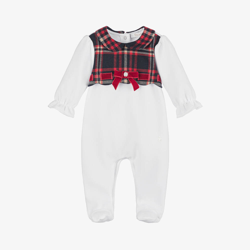 Patachou - Girls White Cotton Velour & Tartan Babygrow | Childrensalon