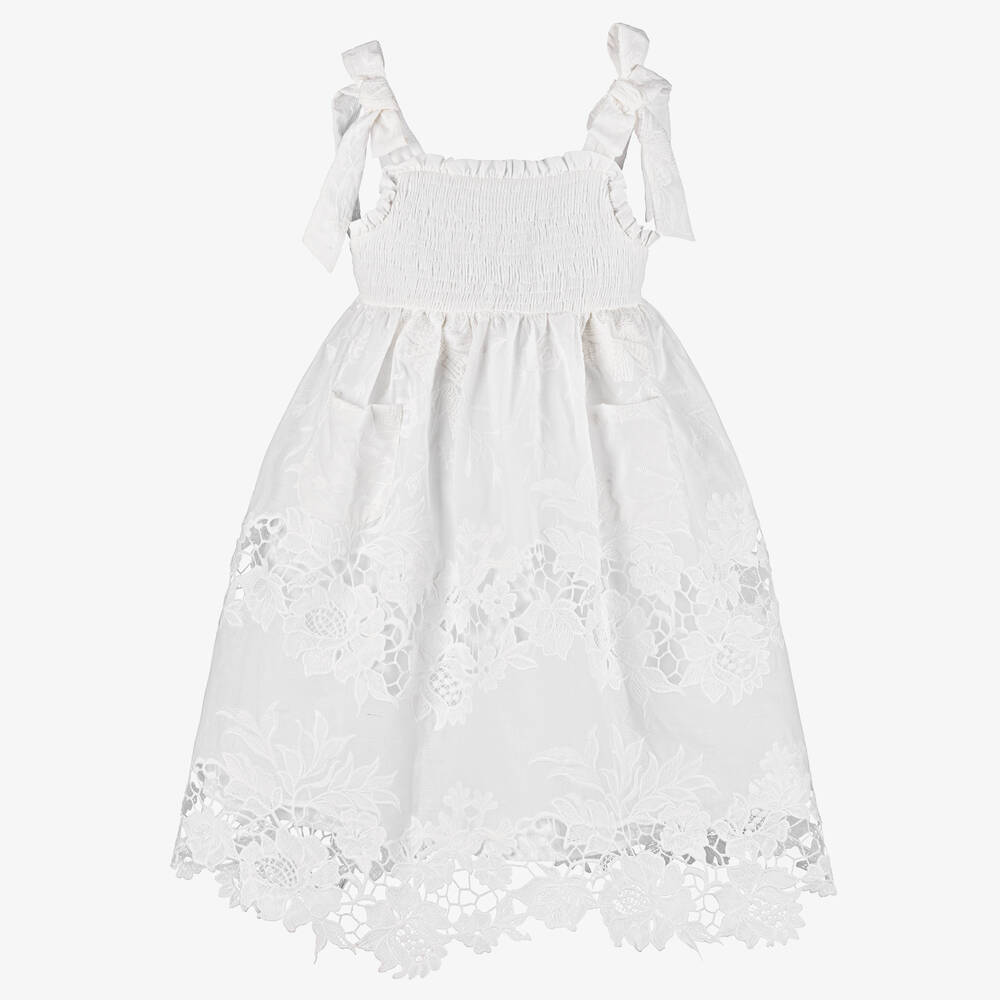Patachou - Girls White Embroidered Cotton Dress | Childrensalon