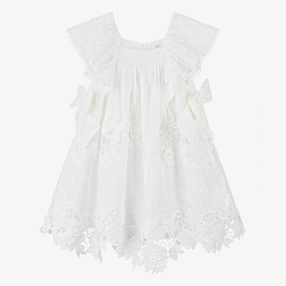 Patachou - Girls White Embroidered Cotton & Lace Dress | Childrensalon