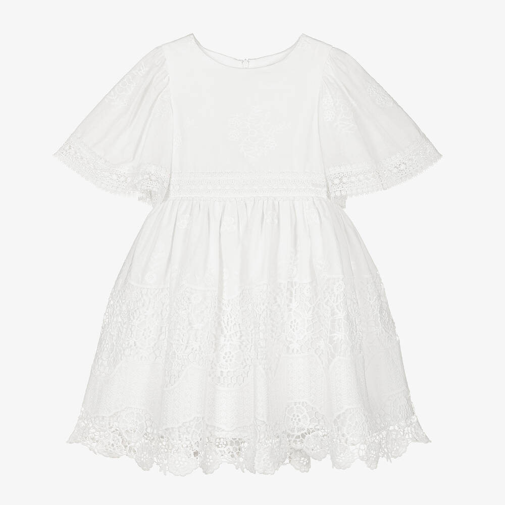 Patachou - Girls White Floral Embroidered Dress | Childrensalon