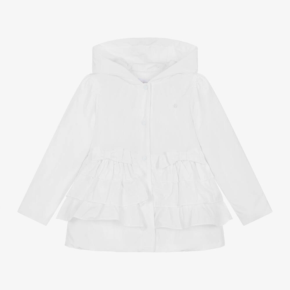 Patachou - Girls White Frilled Hooded Coat | Childrensalon