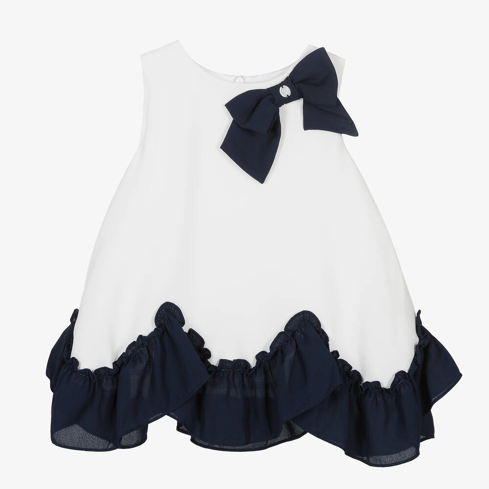 Patachou - Girls White & Navy Blue Chiffon Bow Dress | Childrensalon